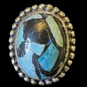 Genuine Mosaic Turquoise Sterling Silver Overlay Ring Size 7.5